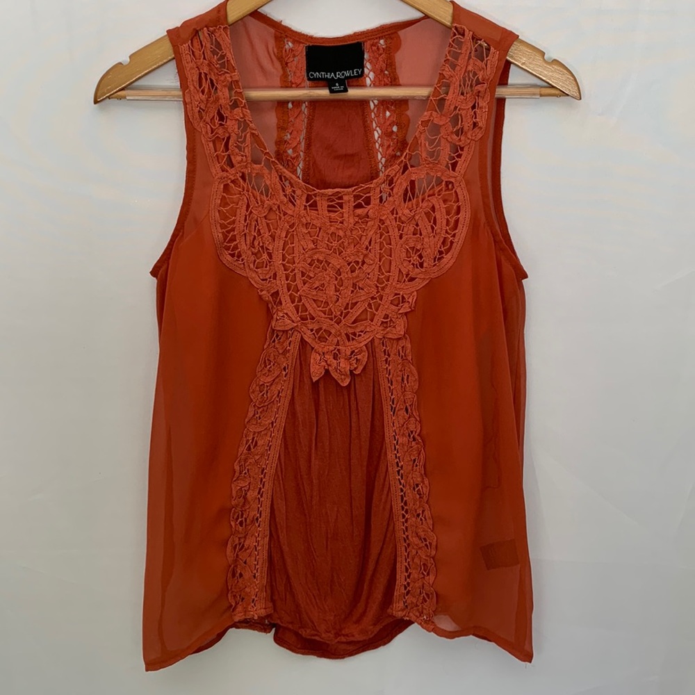 Cynthia Rowley Burnt Orange Sleeveless Lace Sheer Layered Top Size Small
